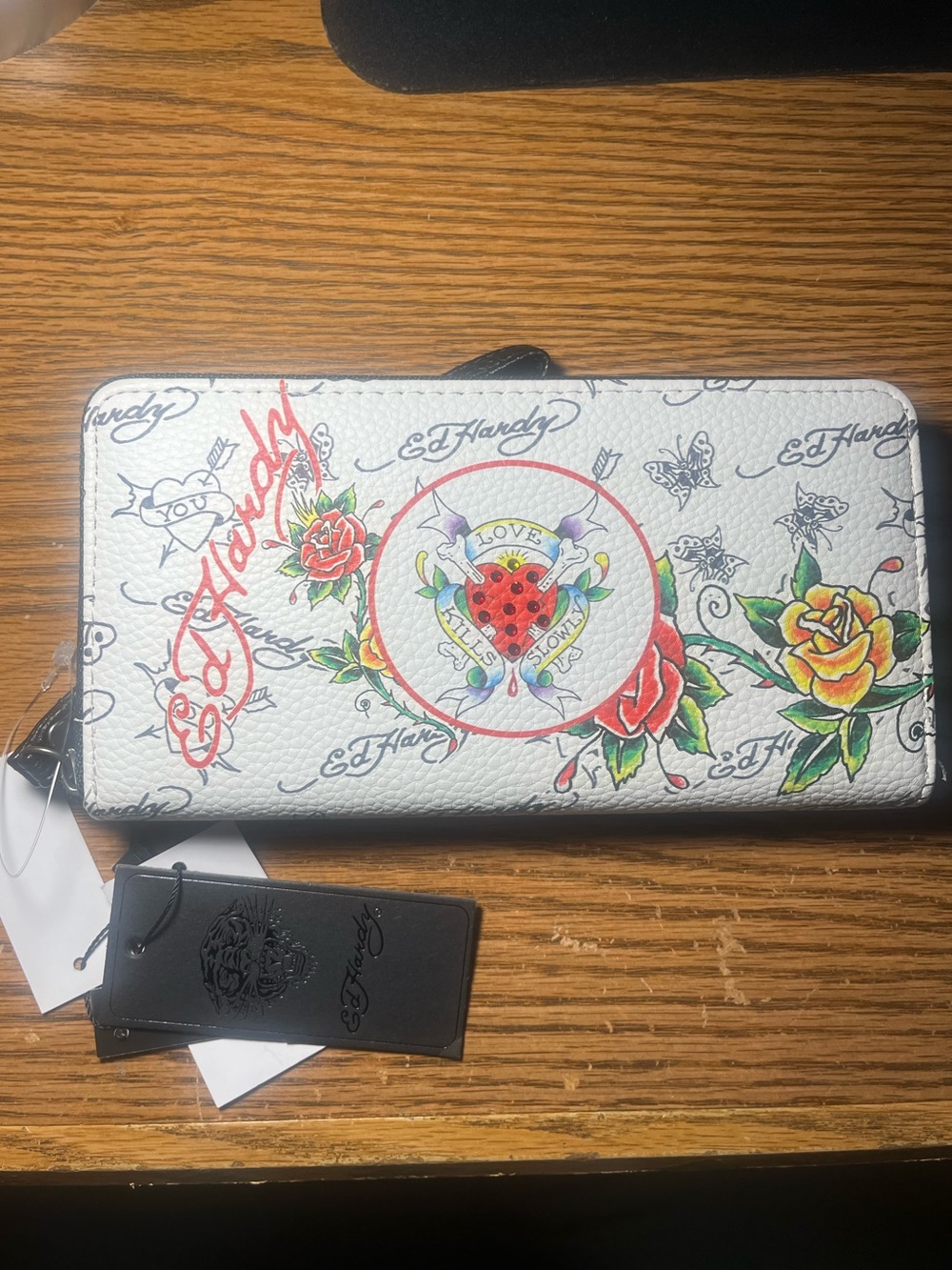 Ed Hardy White Floral Tattoo Zip-Around Wallet